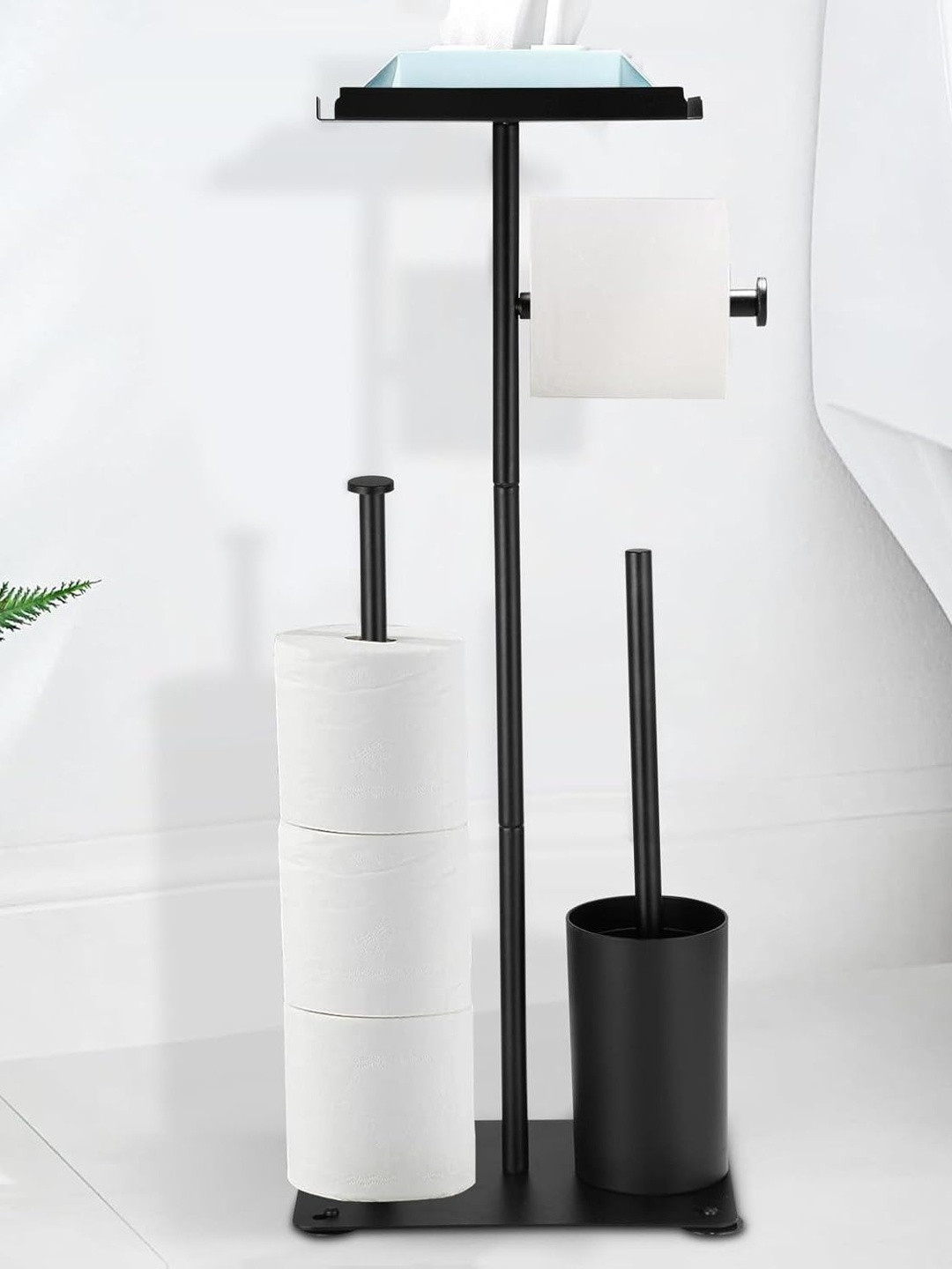 HOUSE OF QUIRK Black Stainless Steel Toilet Paper Holder Standing with Toilet Brush