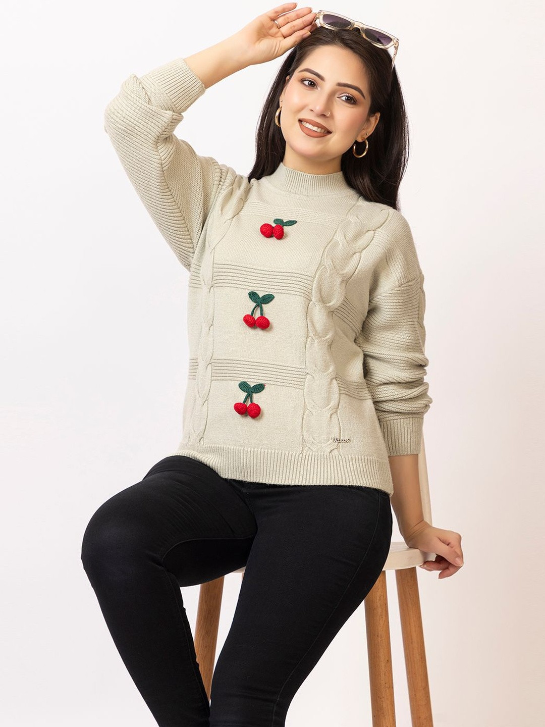 LASOON Applique Woollen Tweed Top