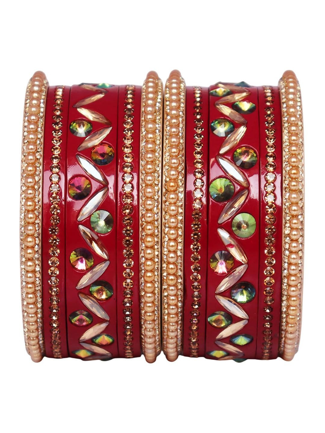 TAJ BRIDAL STORE Set Of 10 Kundan-Studded & Beaded Bridal-Style Bangles