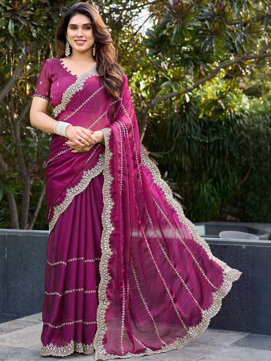 MAHALASA Ethnic Motifs Embroidered Zari Pure Chiffon Saree