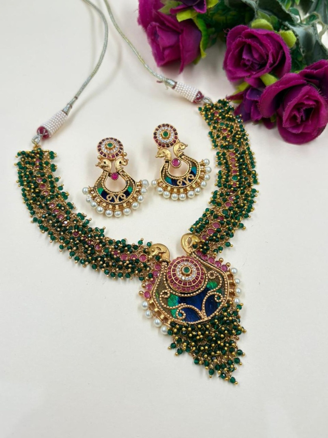 Gehna By Beadazzled Gold-Plated Kundan Studded Peacock Design Jewellery Set