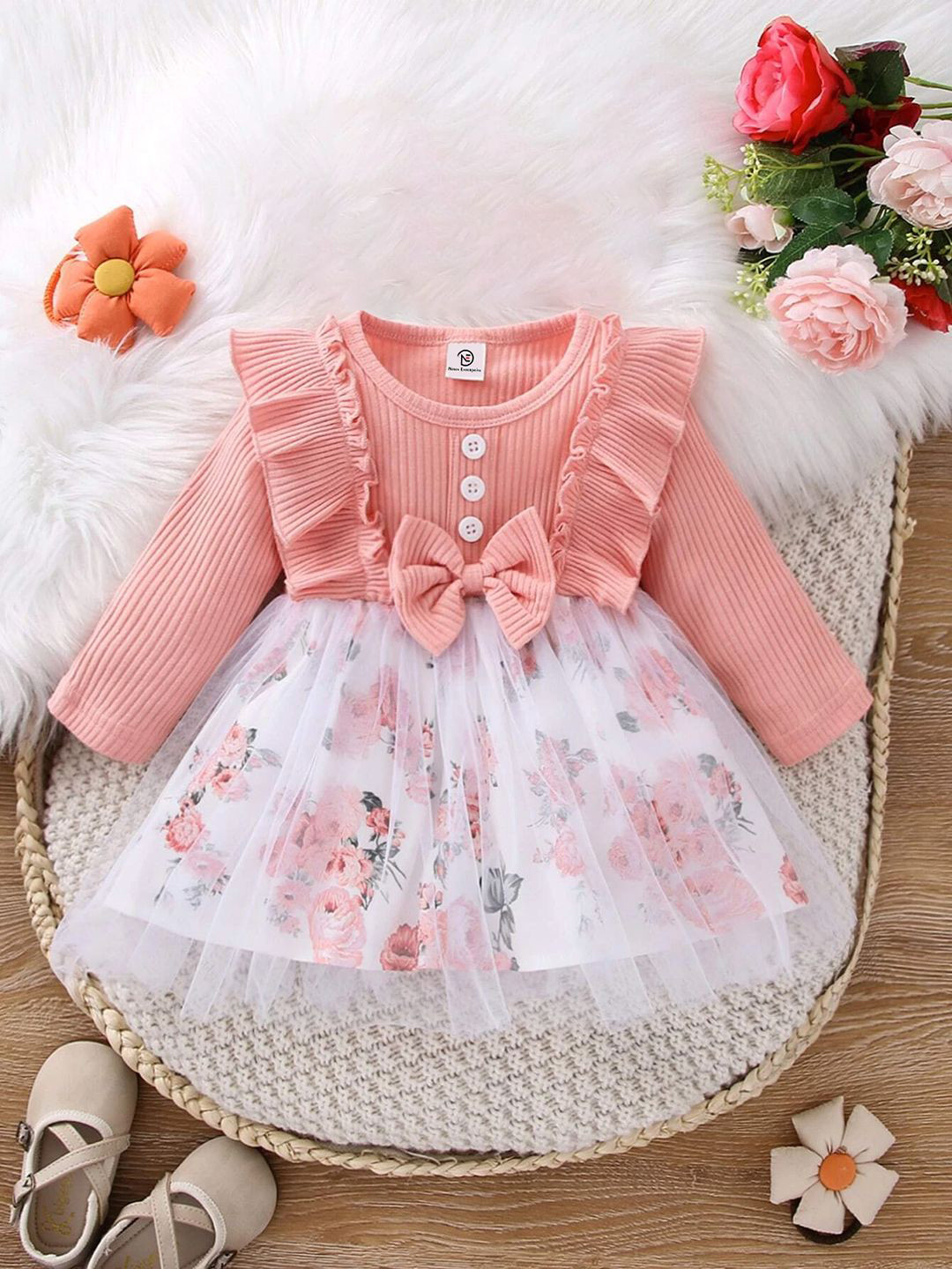 YK Girls Floral Print Tulle Bow-Applique Ruffled Fit & Flare Dress
