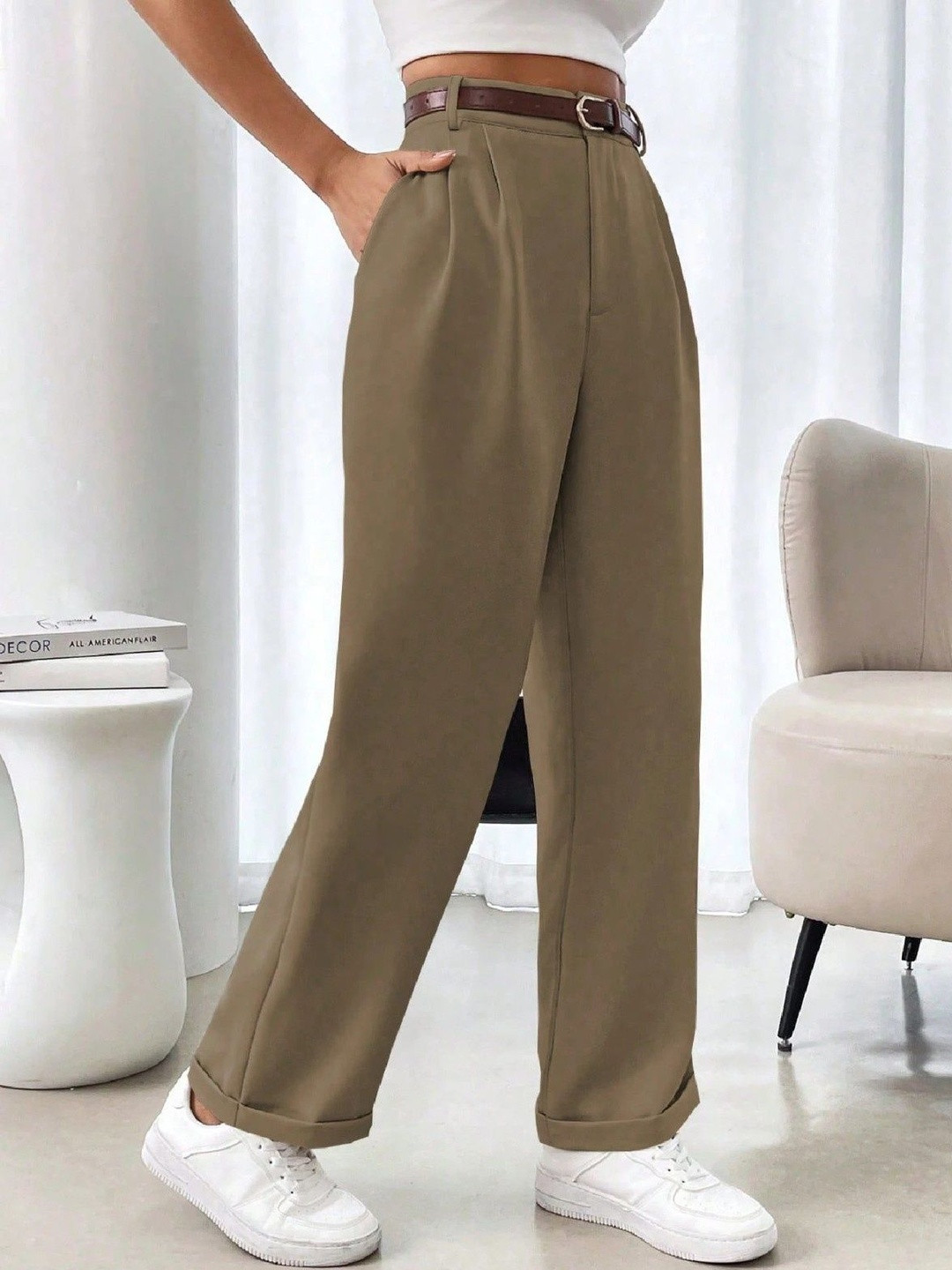 R.Code by The Roadster Life Co. Women Lyavya Relaxed Straight Leg High-Rise Trousers