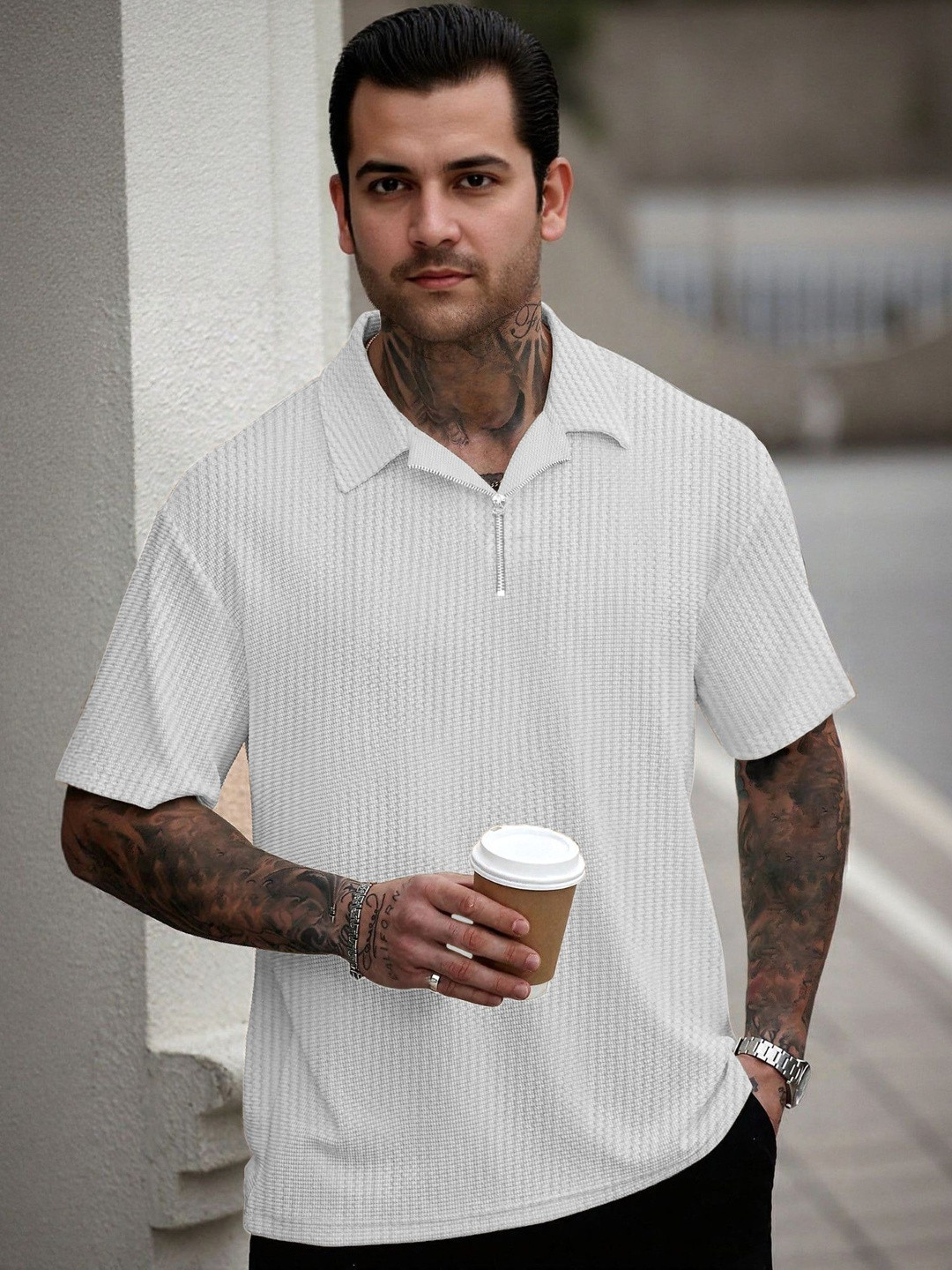 JUMPCUTS Men Self Design Polo Collar Cotton Relaxed Fit T-shirt