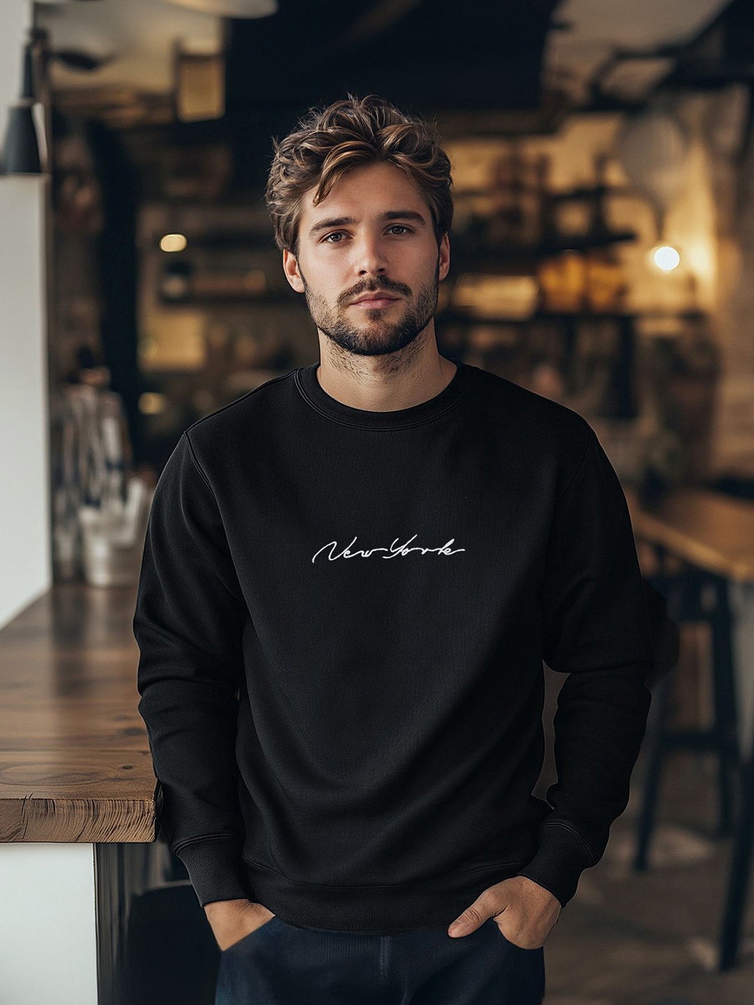 Trendyol Siyah Men Typography Printed Cotton Sweatshirt