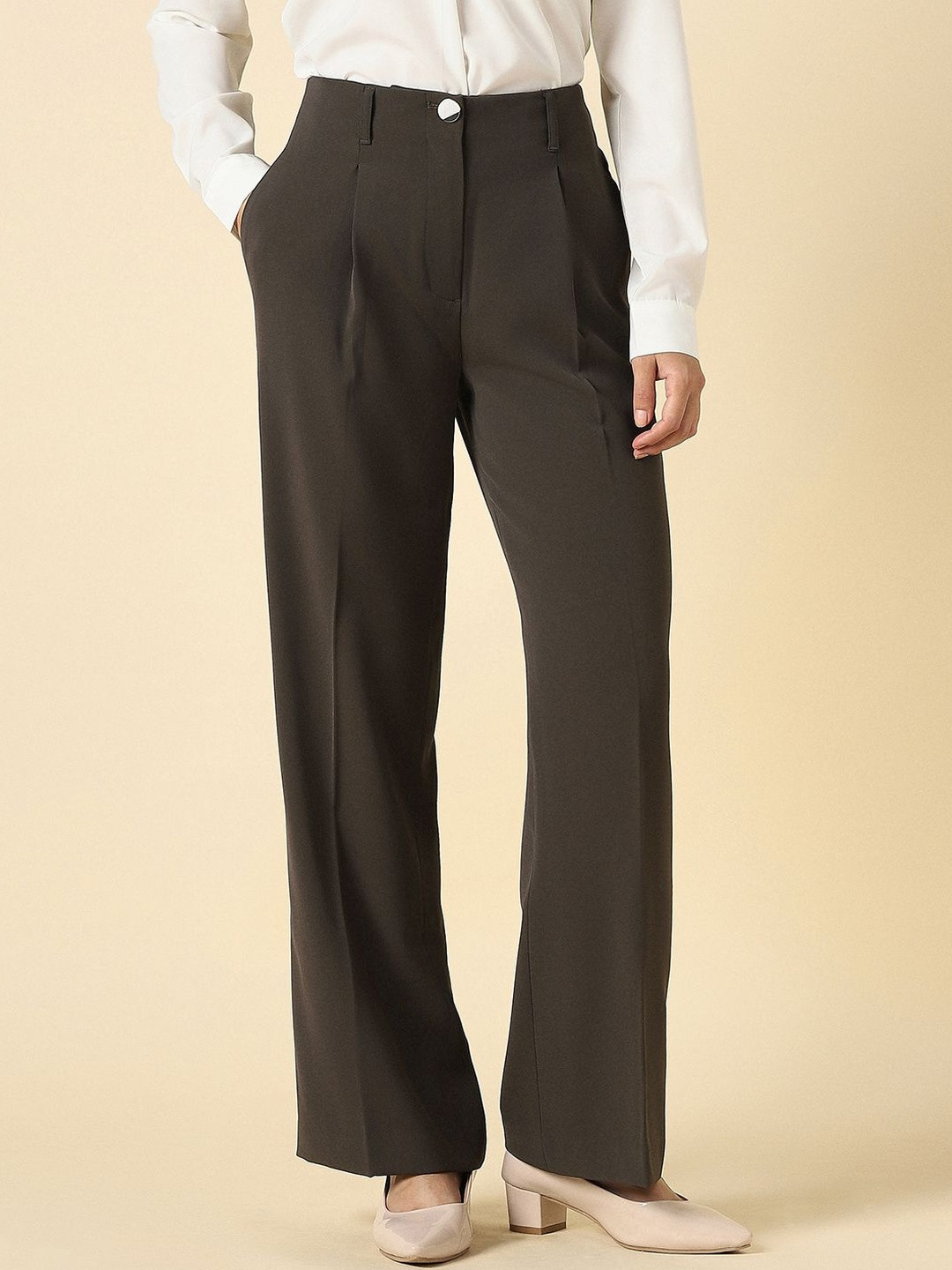 Allen Solly Woman Women Solid Regular Fit Mid-Rise Pleated Formal Trousers