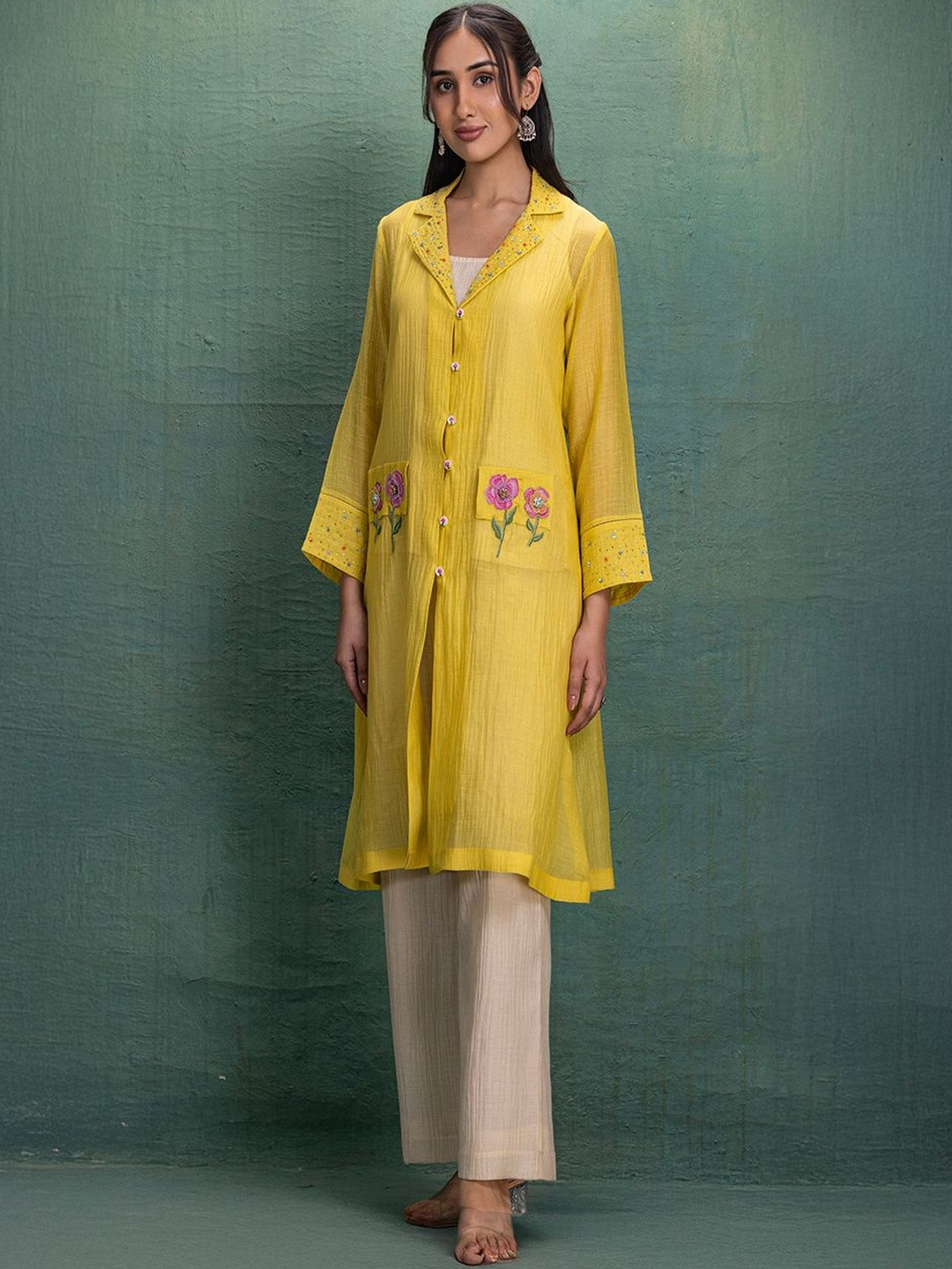 Kahani Lush Embroidered Shirt Collar Thread Work Pure Cotton Top With Trousers & Shrug