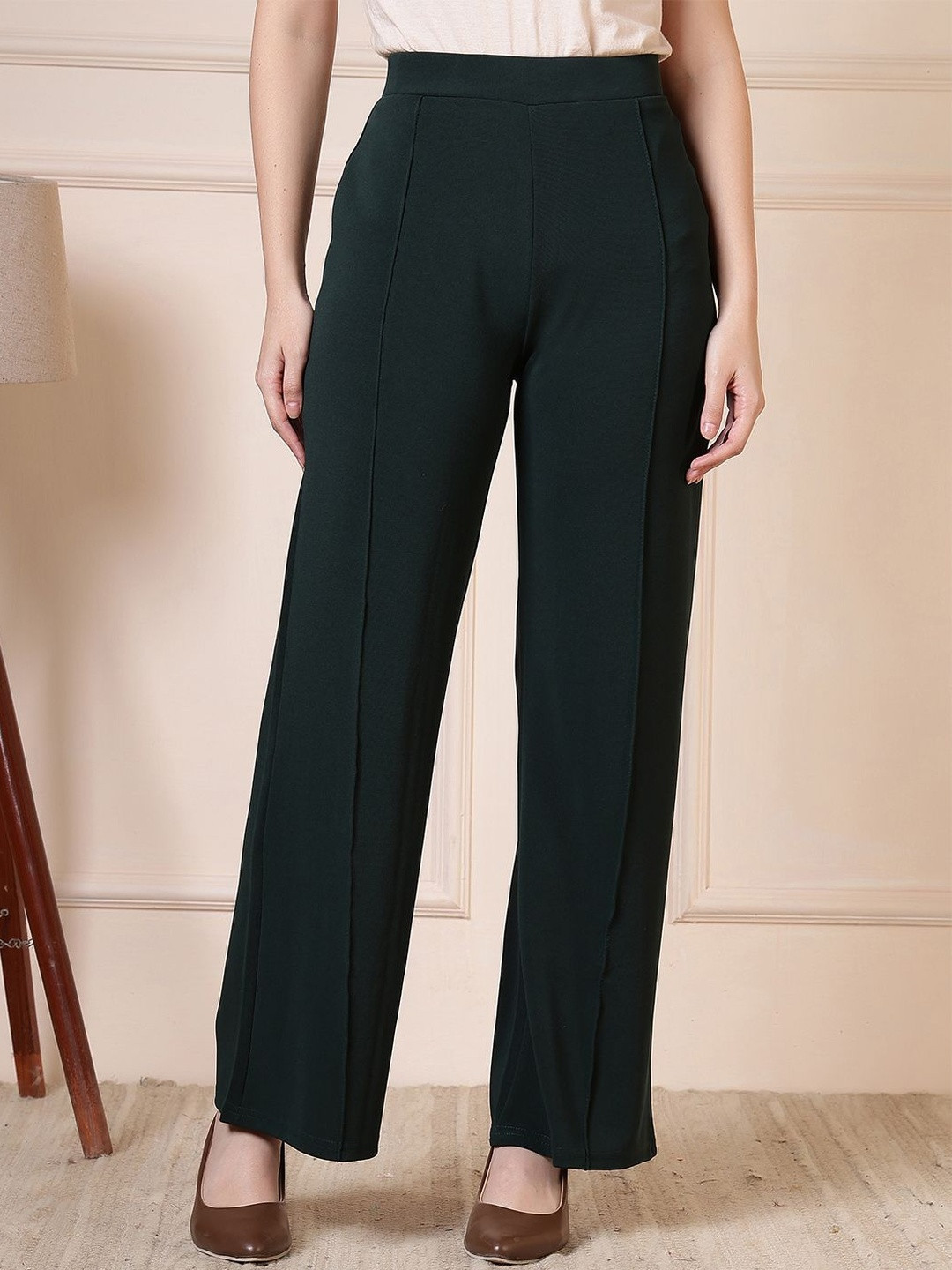 All About You Formals Women Solid Loose Fit High-Rise Cotton Formal Trouser