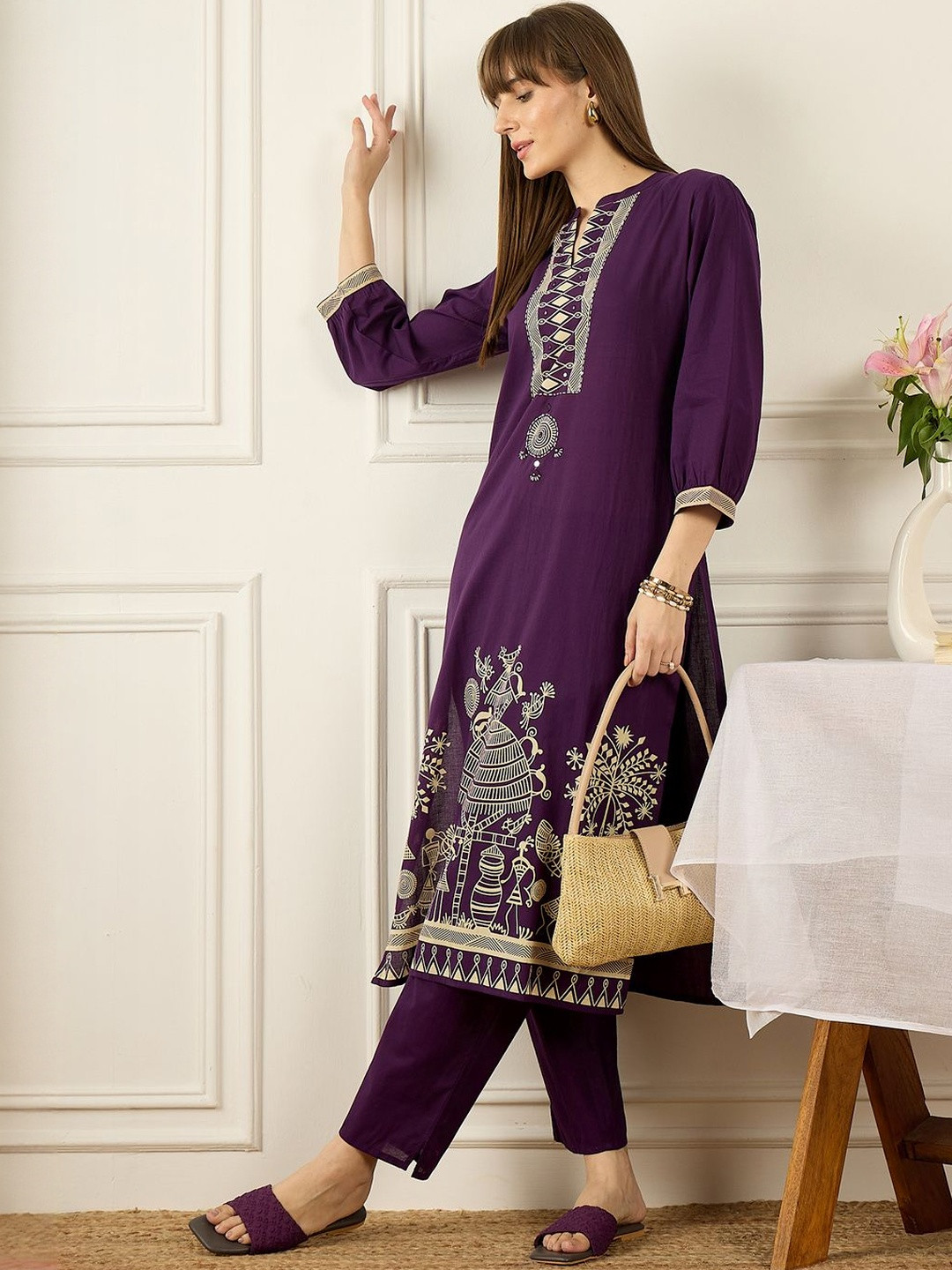Indo Era Printed Mandarin Collar Pure Cotton Top With Trousers