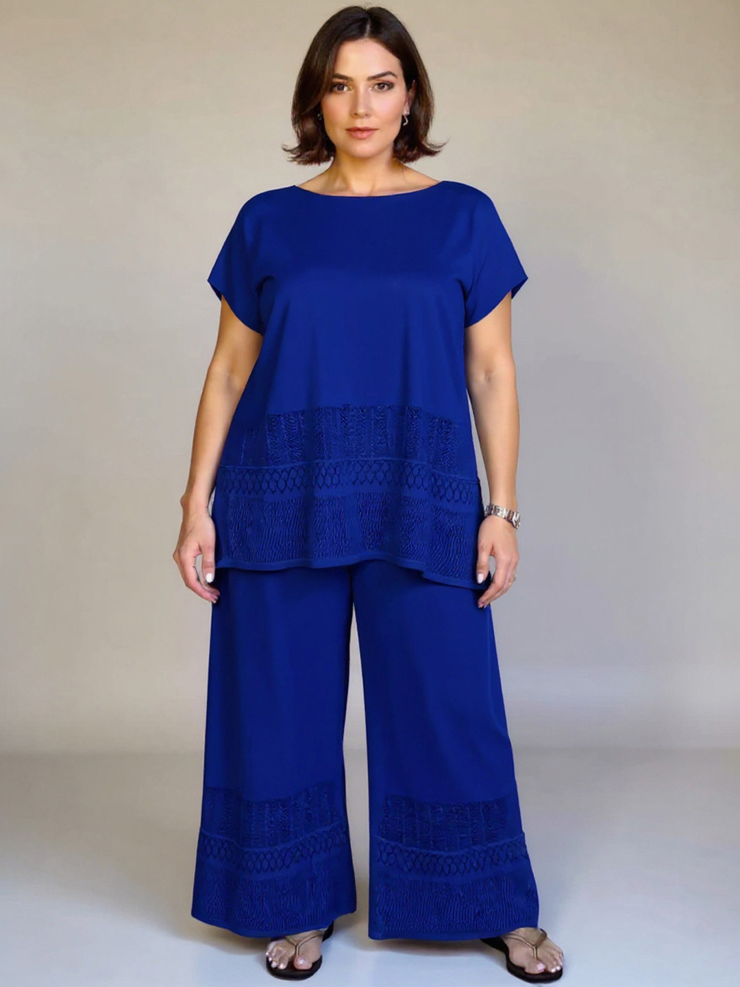 DressBerry Curve Embroidered Boat Neck Tunic With Trousers