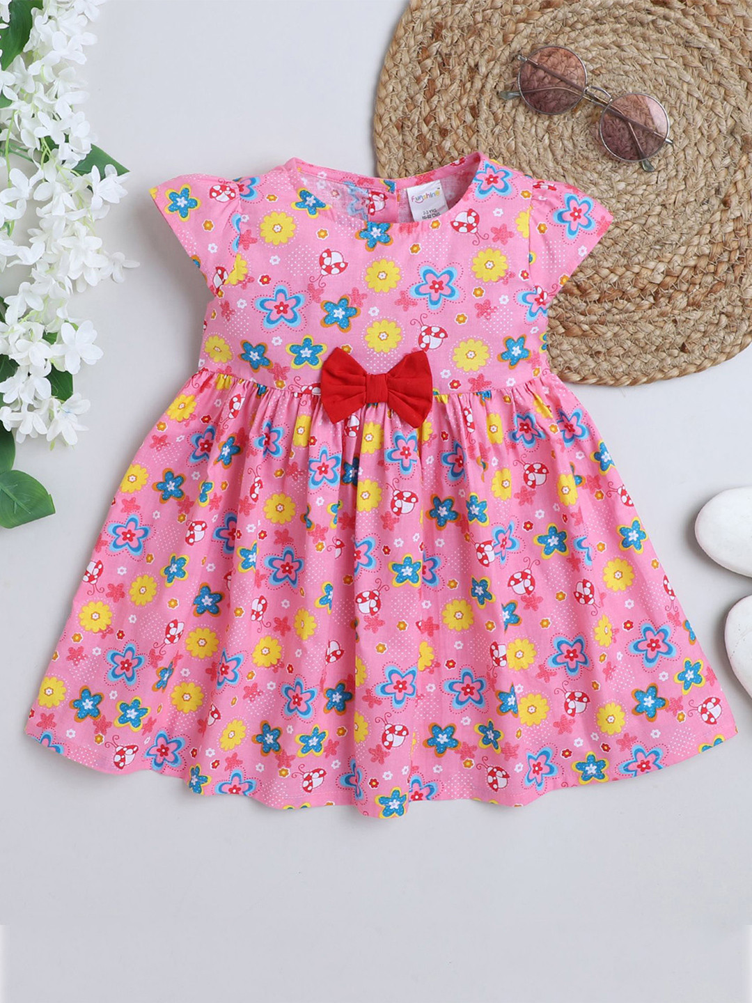 Funshine Girls Floral Printed Round Neck Cap Sleeves Fit & Flare Dress
