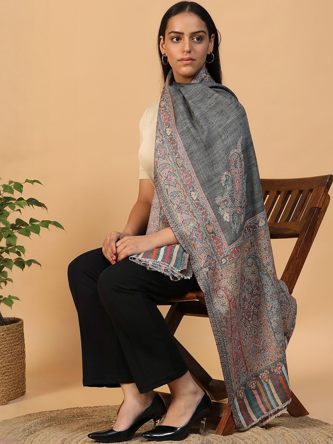 Merinomere Paisley Woven Design Jacquard Fringed Border Shawl