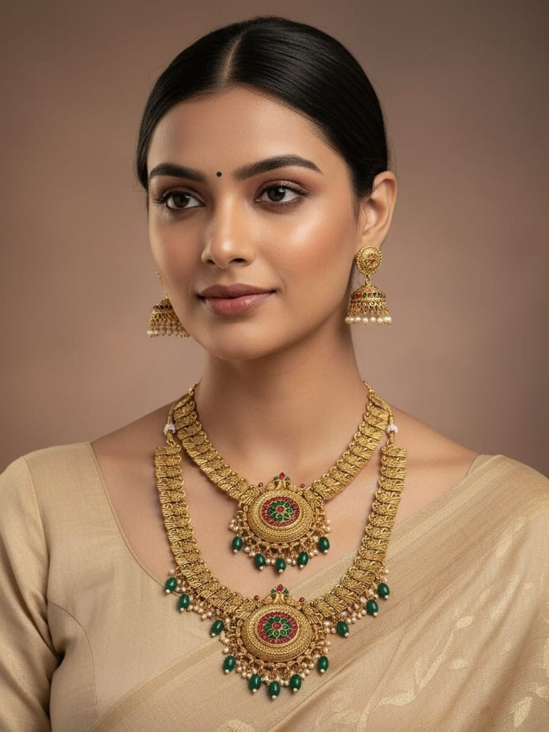 FIMBUL Gold-Plated Ruby Studded & Beaded Two-Layered Necklace And Earrings