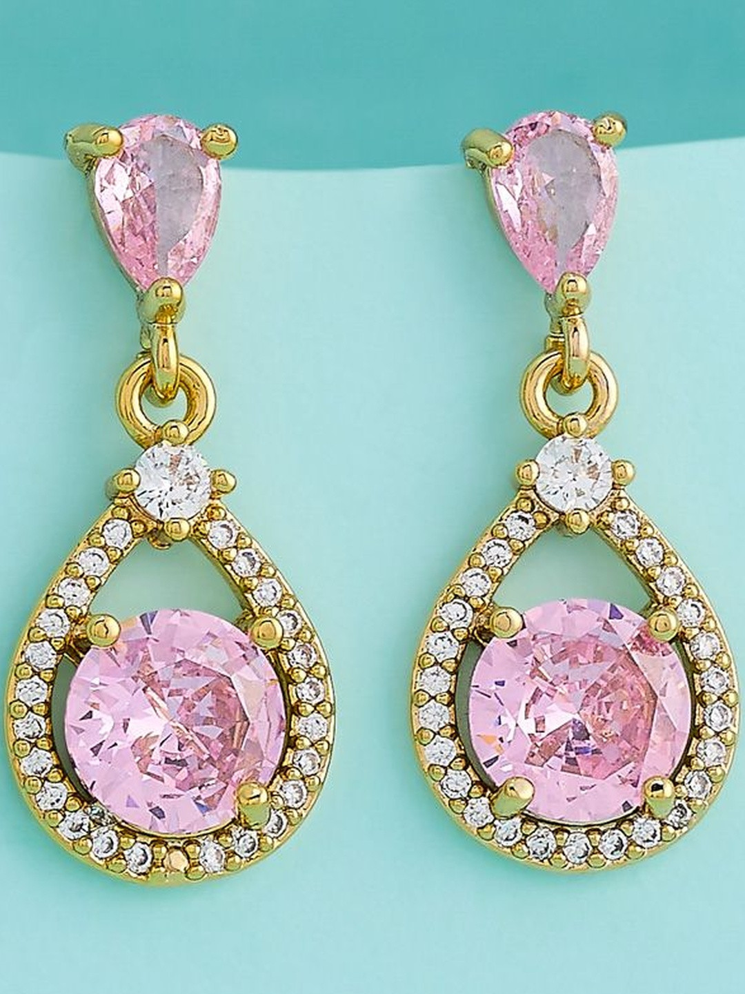 Kushal's Fashion Jewellery Gold-Plated Party Zircon Teardrop Shaped Drop Earrings