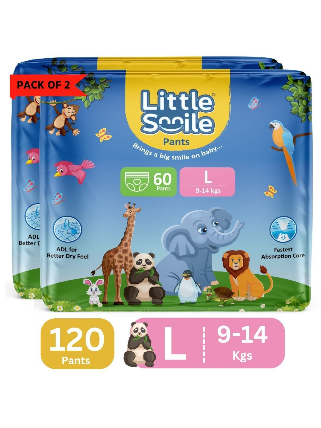Little Smile Set Of 2 Better Dry Feel Baby Diapers - L - 60 Pcs Each