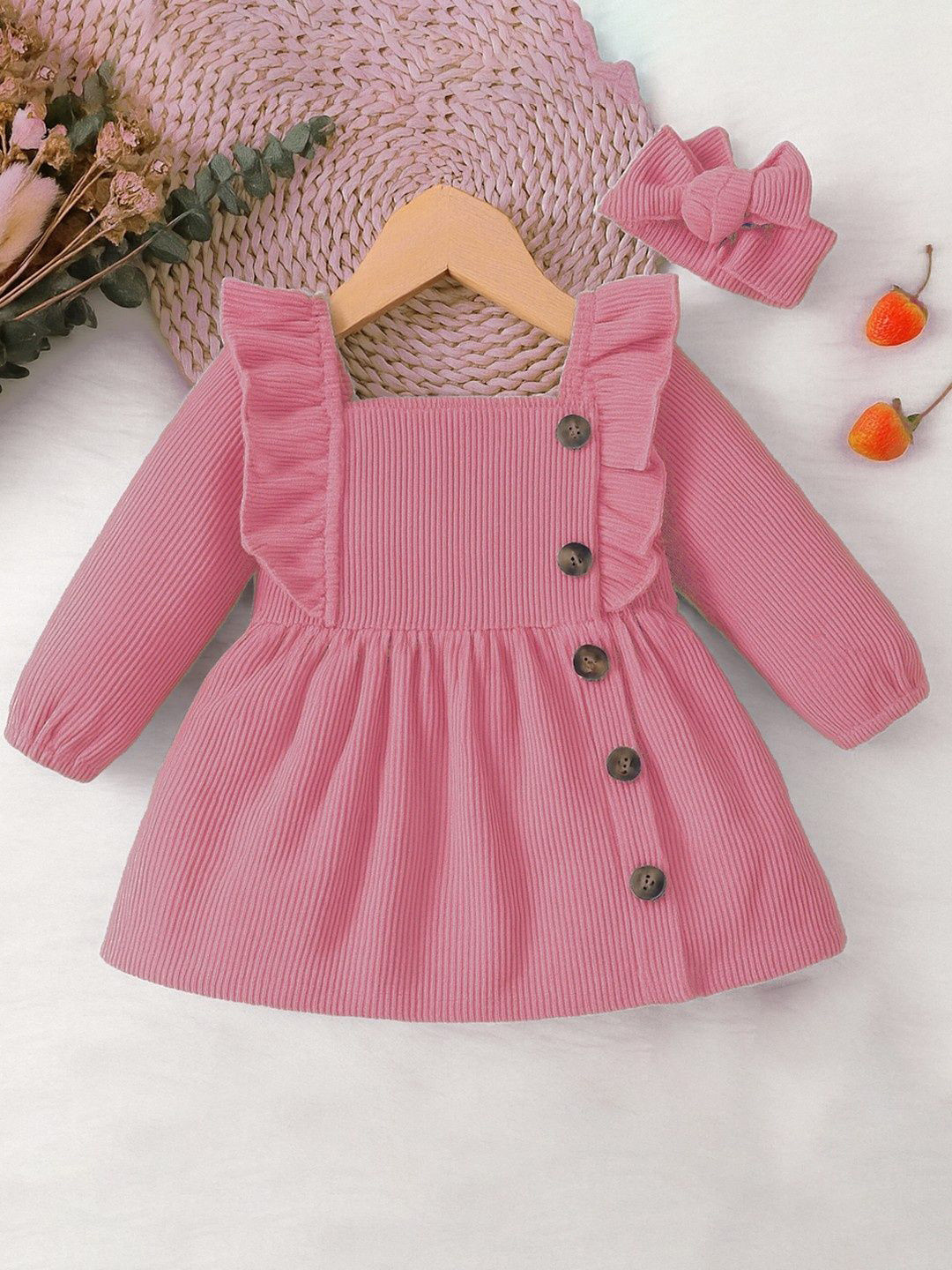 Miss & Chief Girls Ribbed Square Neck Ruffled Long Sleeves Fit & Flare Dress with Headband