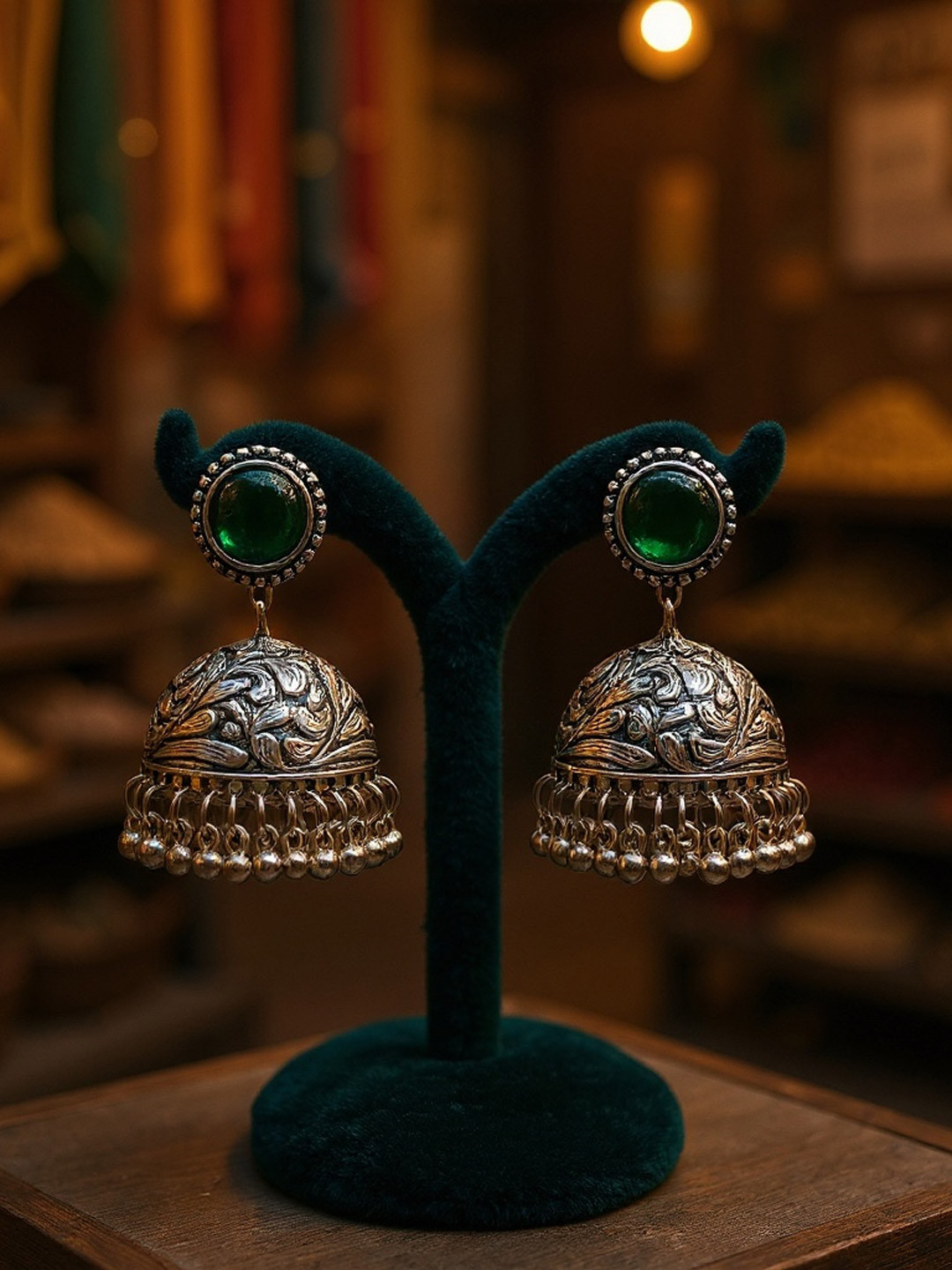 The Style Courtyard Artificial Stones Studded Oxidised Dome Shaped Jhumkas
