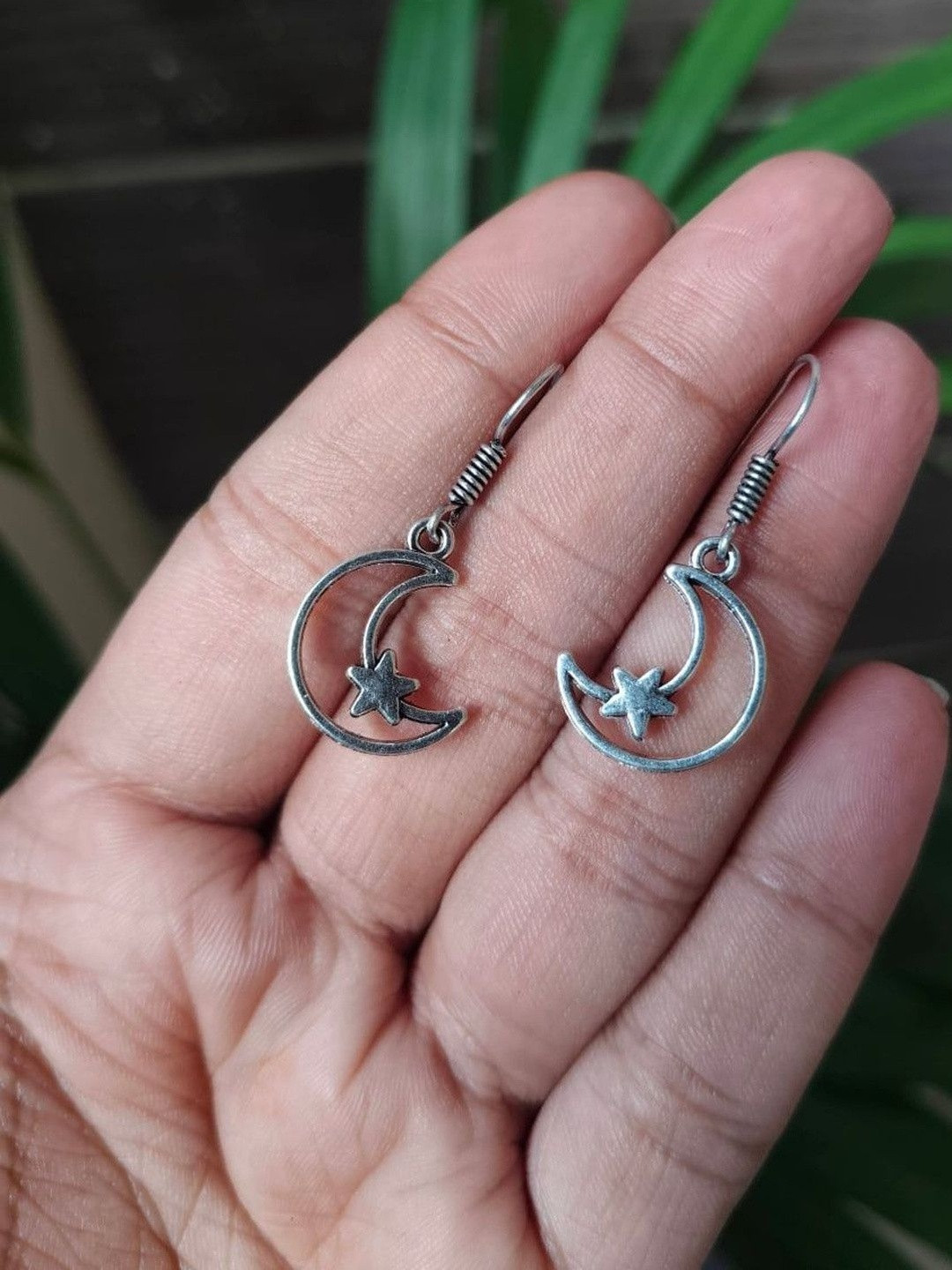 Hardin Style German Silver-Plated Crescent Shaped Oxidised Drop Earrings
