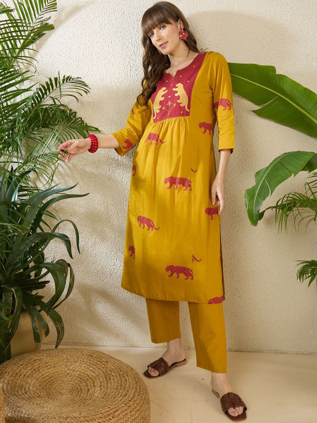 Indo Era Women Animal Printed Tiered Thread Work Pure Cotton Kurta with Trousers