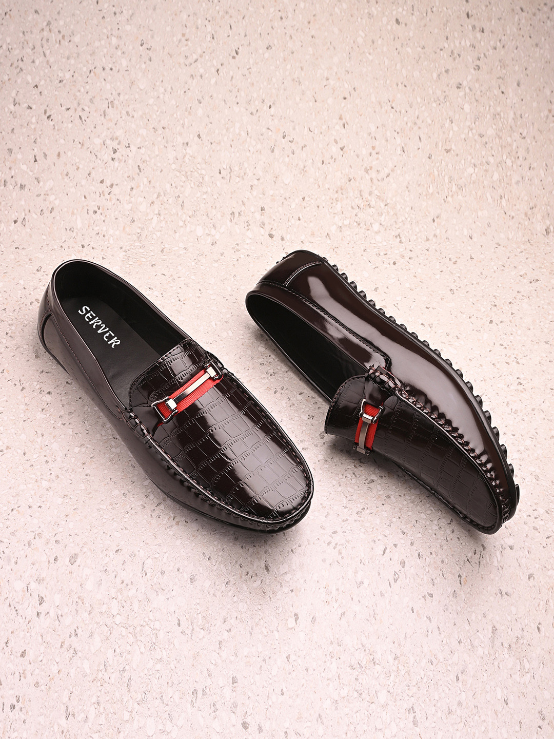 SERVER Men Round Toe Patent Leather Horsebit Loafers