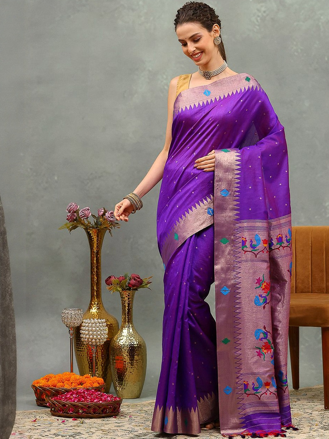 Meena Bazaar Ethnic Motifs Woven Desing Zari Tussar Saree
