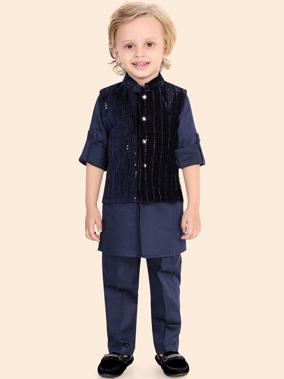 Little Desi Boys Regular Sequinned Velvet Kurta with Trousers