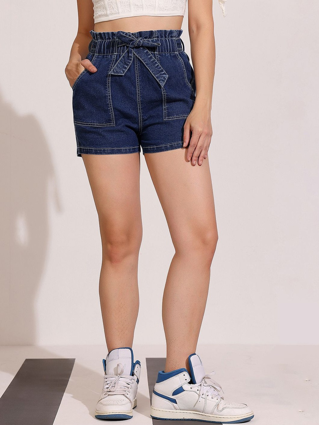 DOLCE CRUDO Women's High-Rise Paperbag Denim Shorts with Tie-Up Belt & Carpenter Pockets