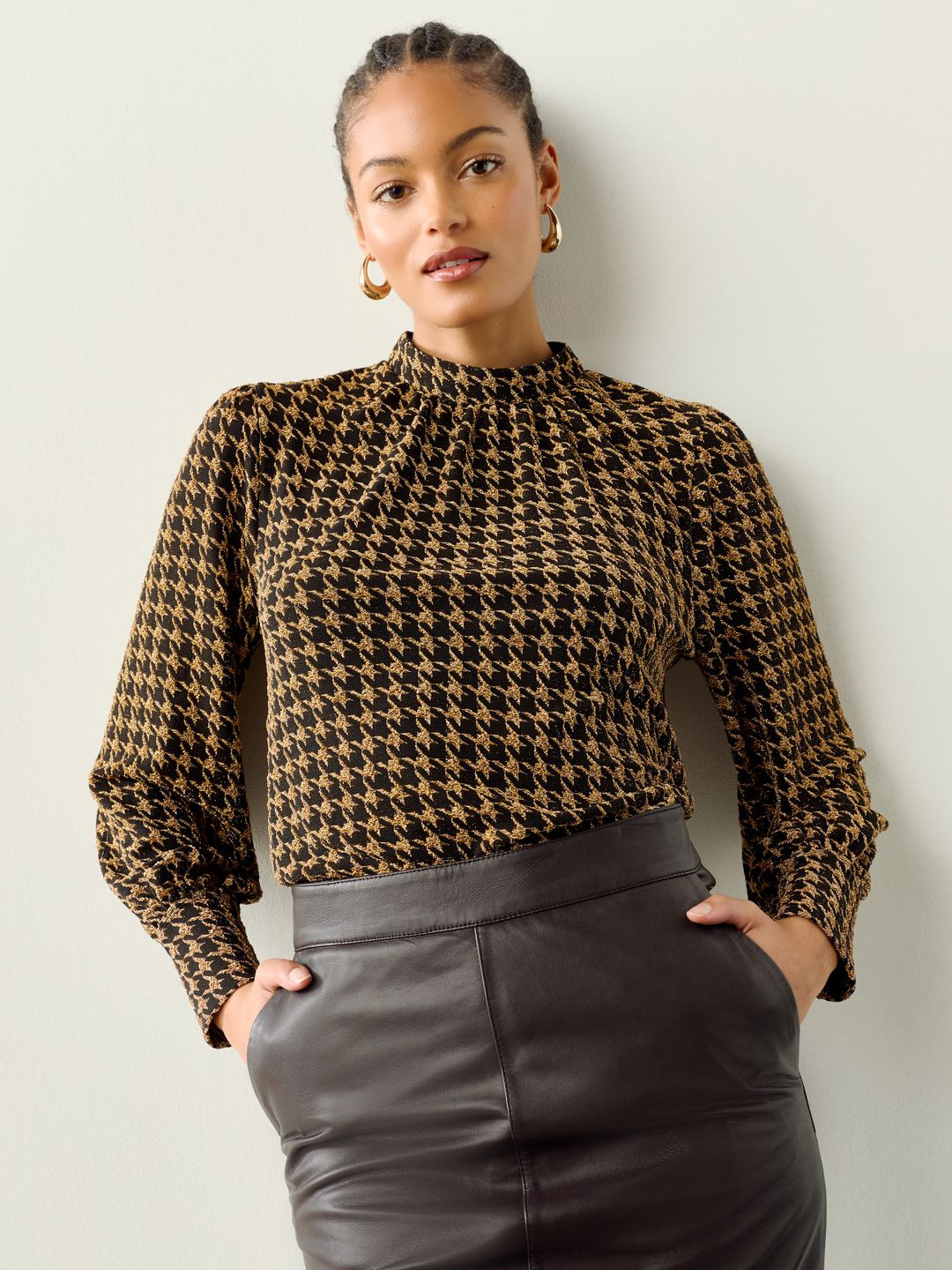 NEXT Houndstooth Long Sleeve High Neck Jacquard Top
