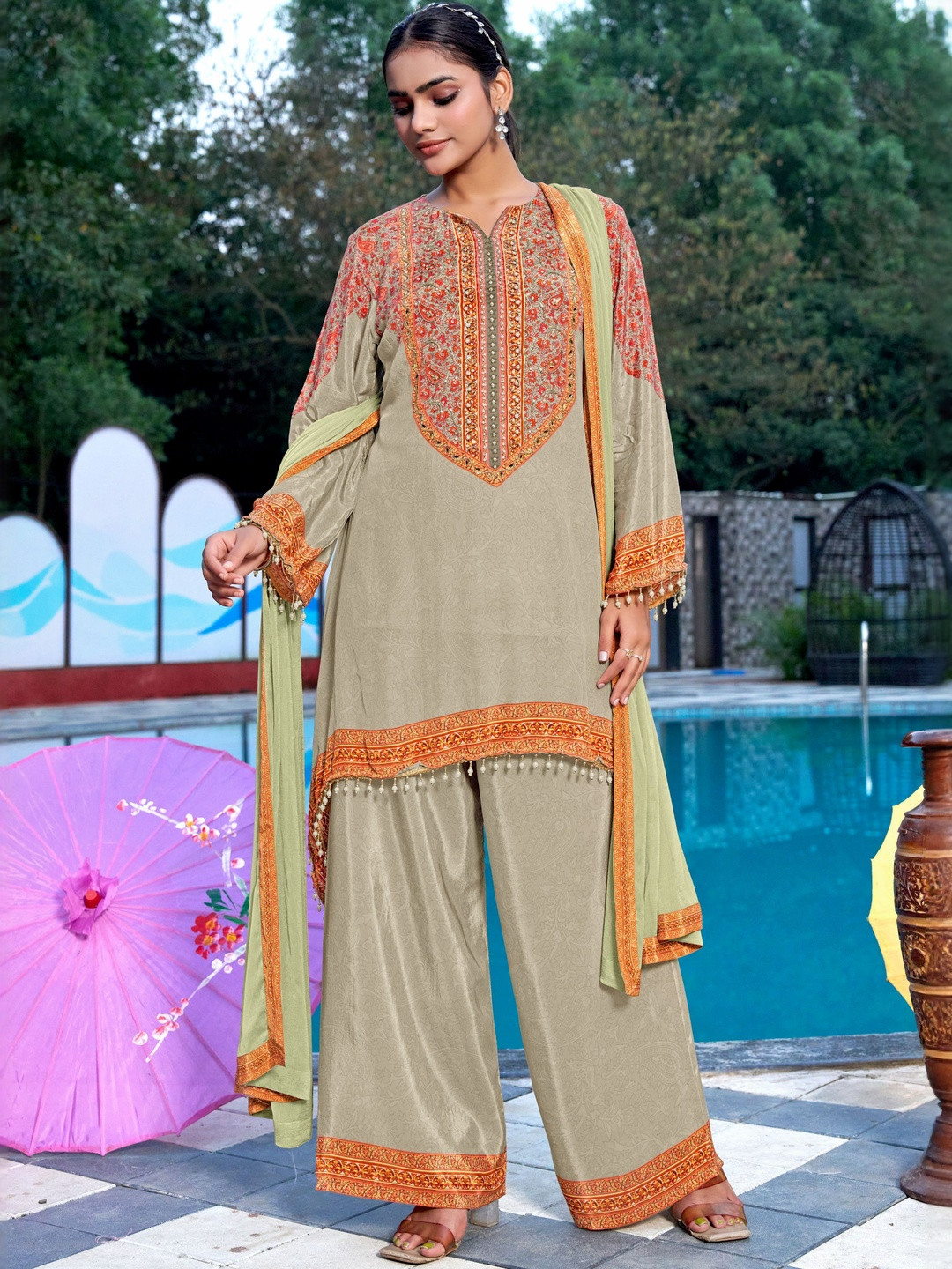 PIRRA DESIGNS Women Printed Regular Beads and Stones Silk Crepe Silk Chiffon