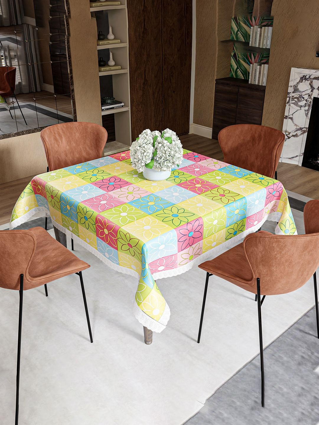 Aura Green & Red Geometric Printed Plastic 4-Seater Square Table Cover