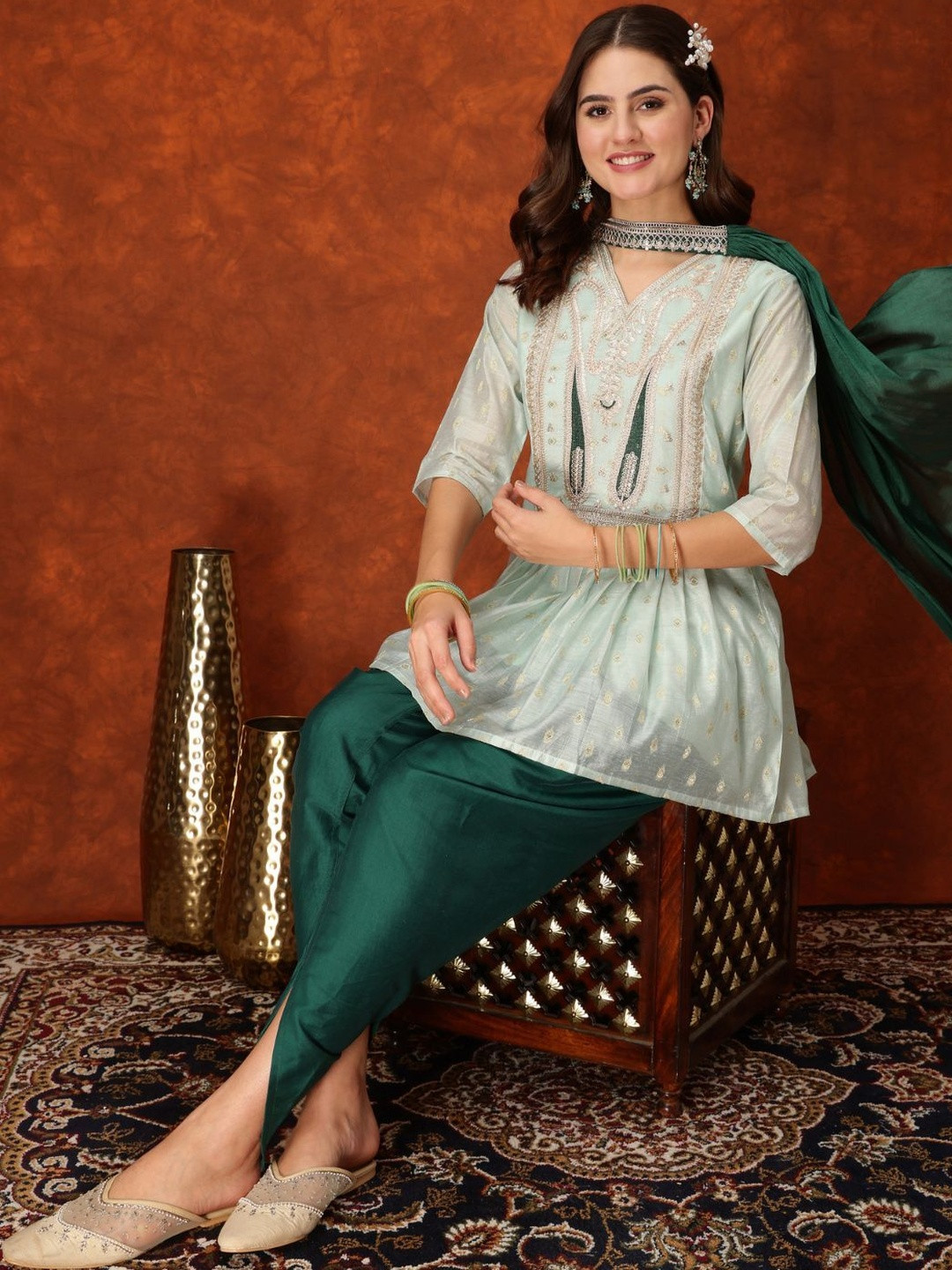 Sangria Women's Chanderi Silk Embroidered A-Line Kurta Dhoti Pant With Choker Dupatta Set