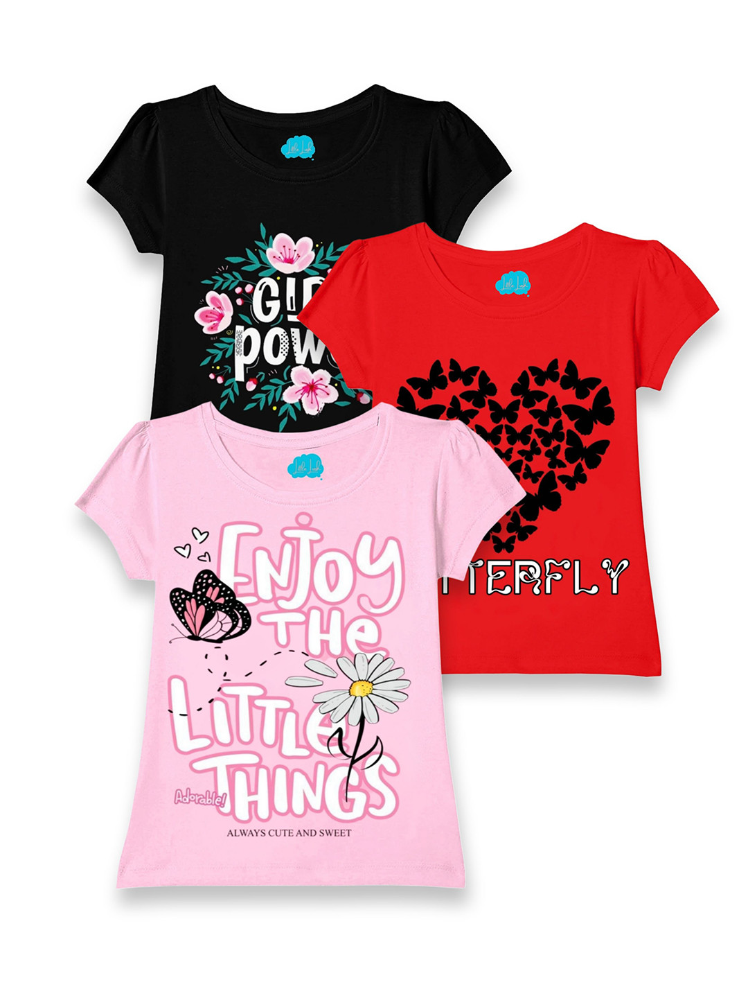 LITTLE LUSH Girls Pack Of 3 Graphic Printed Round Neck T-Shirts