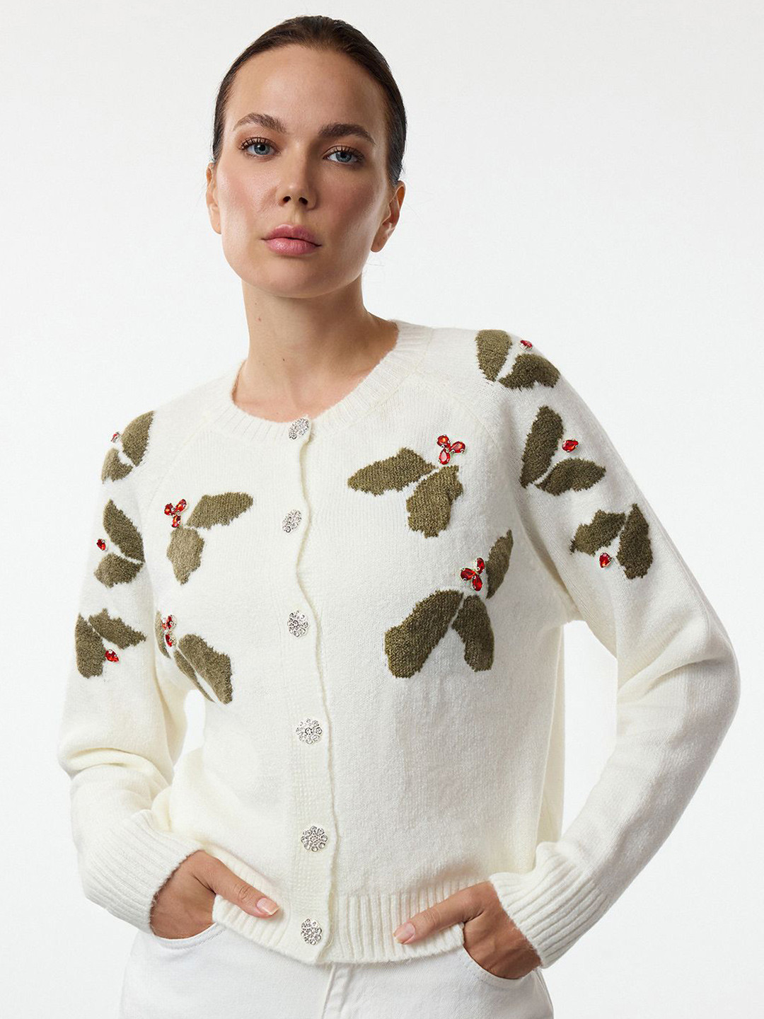 Trendyol Women Embroidered Cardigan Sweater with Embellished Detail