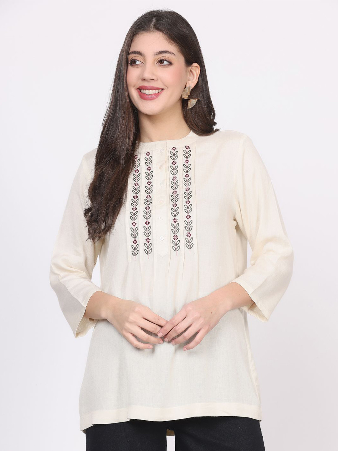 Nomad Lifestyle Women Embroidered Round Neck Cotton Tunic Top