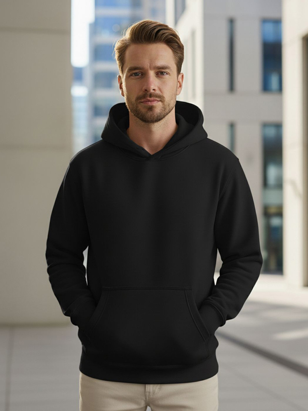 Leotude Men Solid Hooded Long Sleeve Pullover Sweatshirt