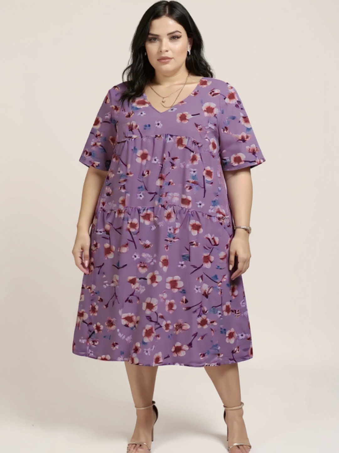 Sztori Women Purple Polyester Floral Print A-Line Midi Dress