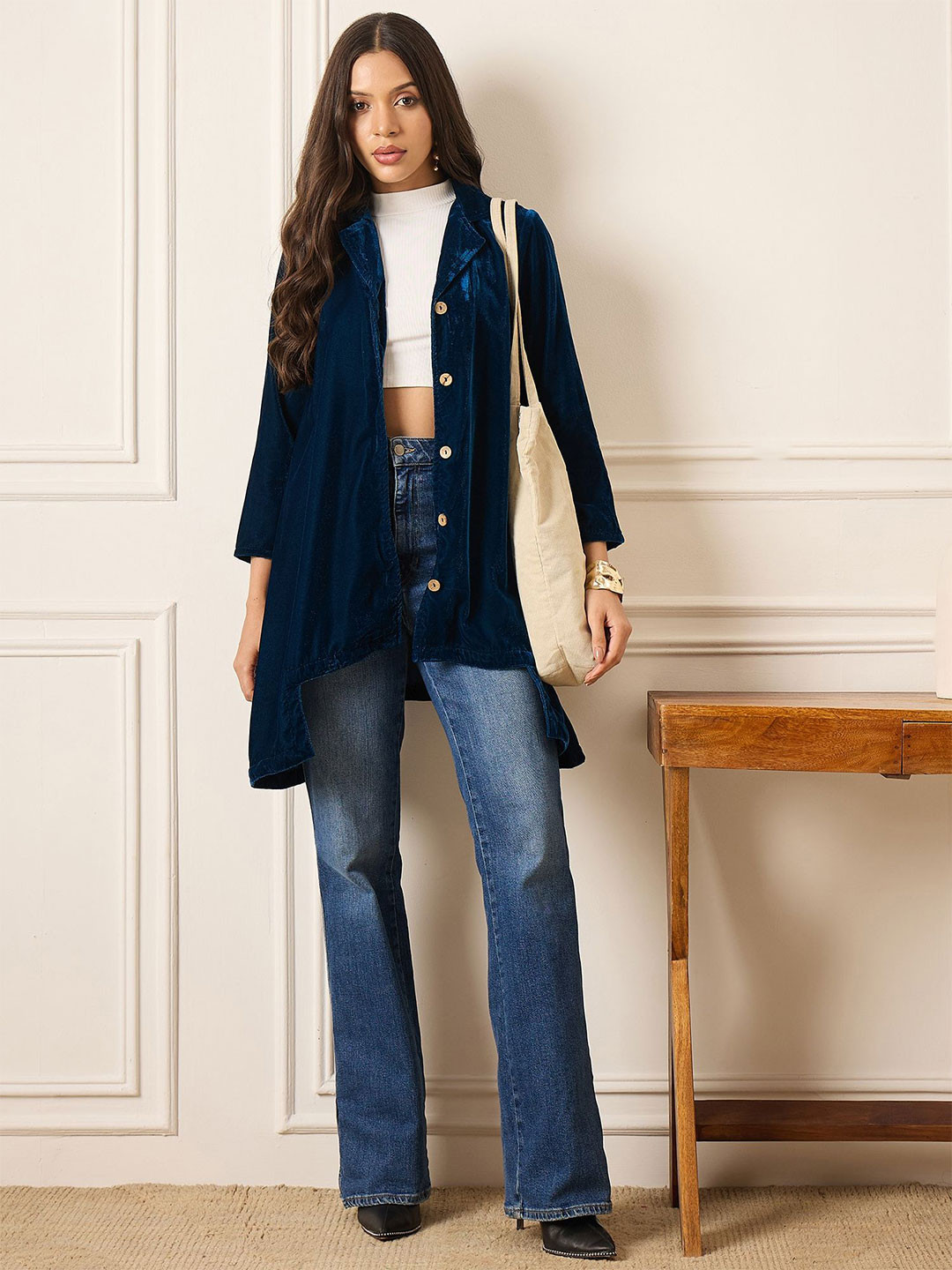 InWeave Lapel Collar Longline Button Velevt Shrug