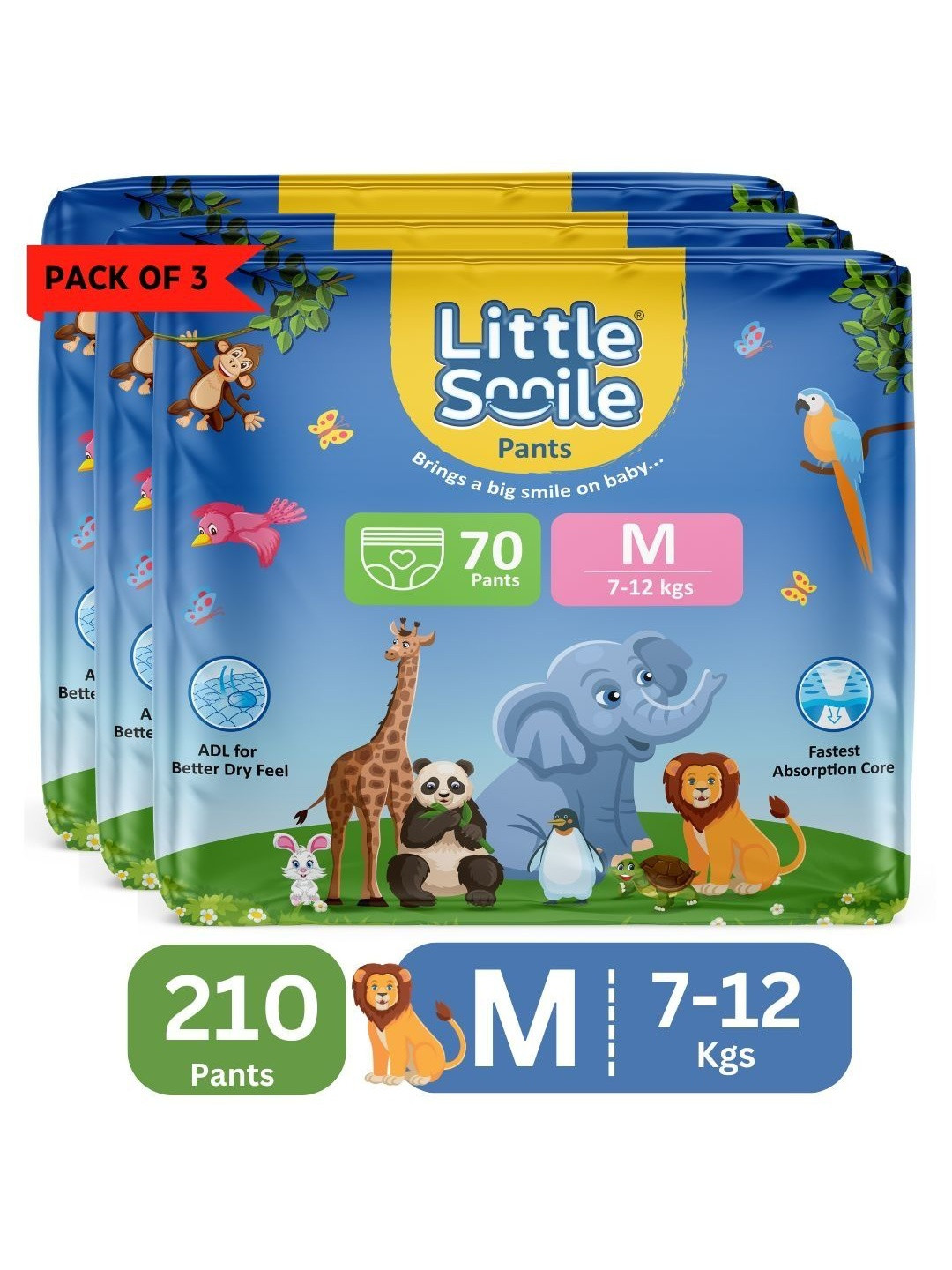 Little Smile Set Of 3 Better Dry Feel Baby Diapers - M - 70 Pcs Each