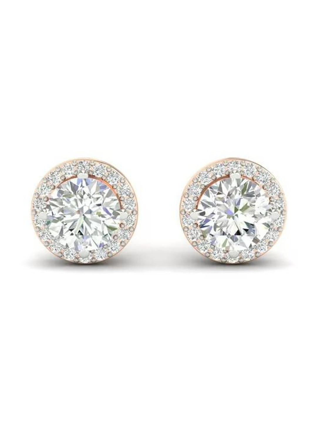 Forever Jewels Rose Gold Plated Push Back Round Cut Moissanite Halo Stud Earrings 14K