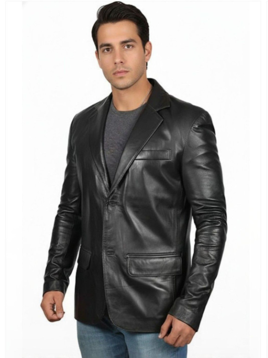 J.Rack Men Lapel Collar Solid Leather Jacket