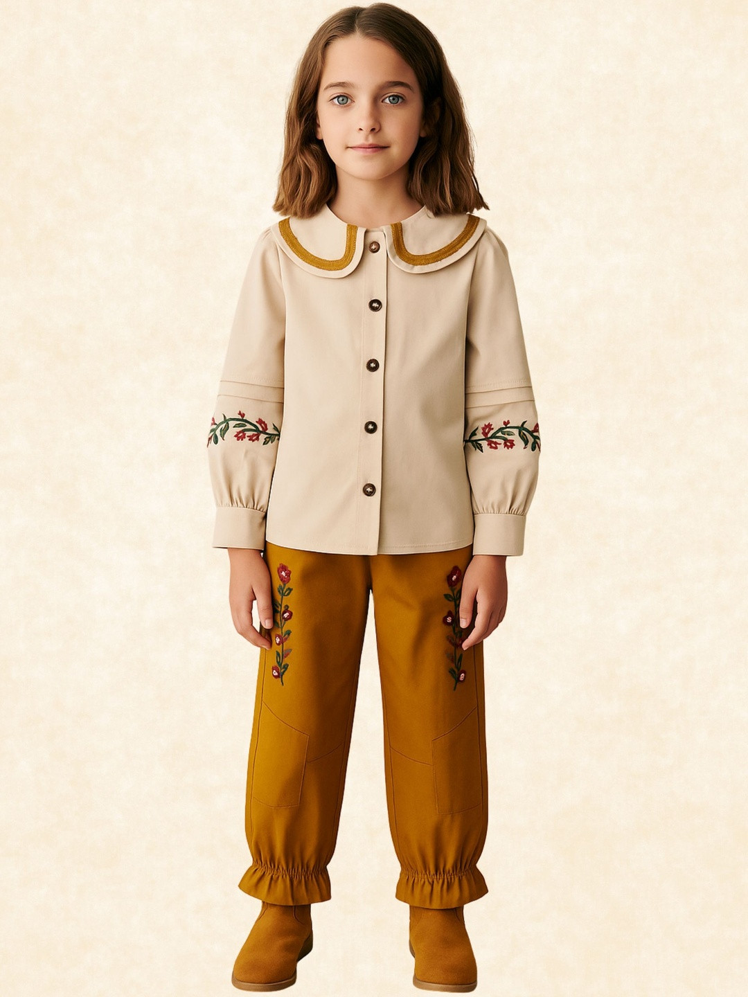 KICO Girls Embroidered Peter Pan Collar Pure Cotton Shirt With Jogger