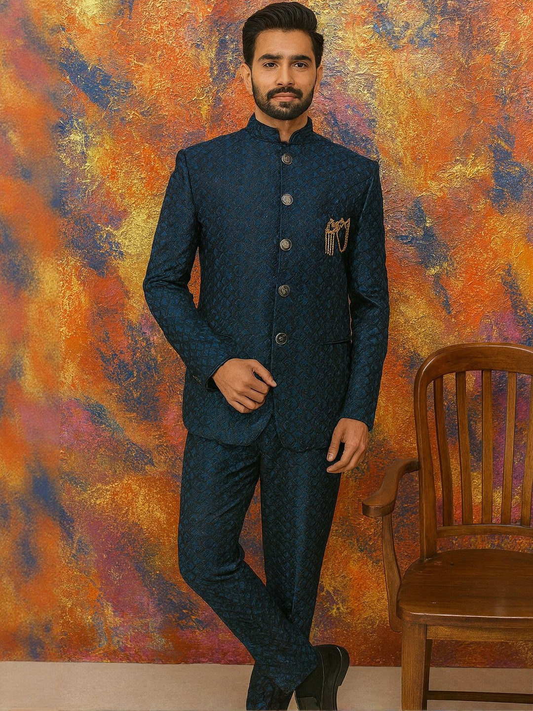 SHAHI ACHKAN Self Design Mandarin Collar Cotton Bandhgala Jodhpuri Blazer