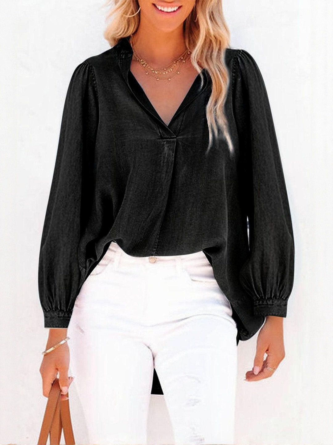 Errabelly Women V-Neck Balloon Sleeve Ruched Denim Top