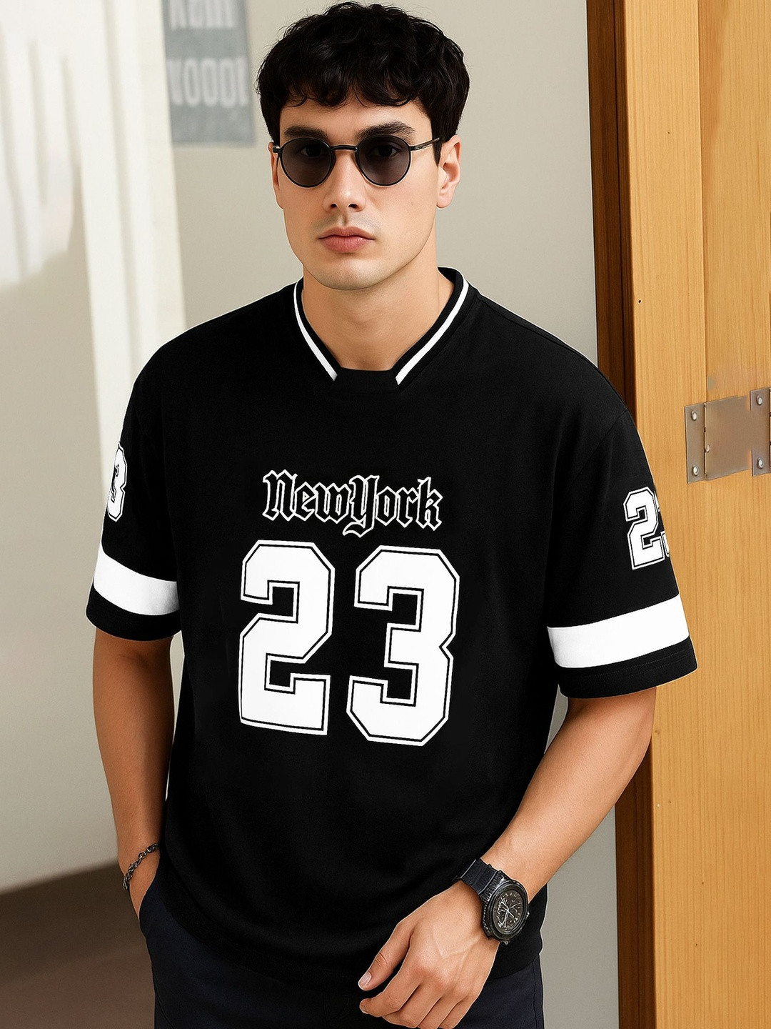 JUMPCUTS Men Typography Printed Round Neck Cotton Relaxed Fit T-shirt