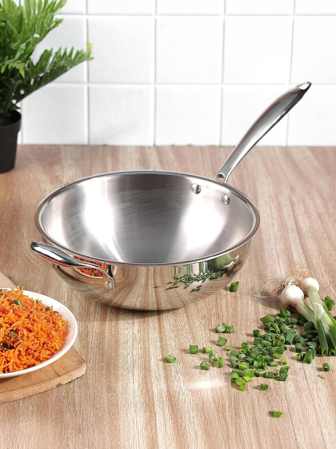 HOMEESSENTIALS Silver Toned Stainless Steel Easy to Clean Saute Pan