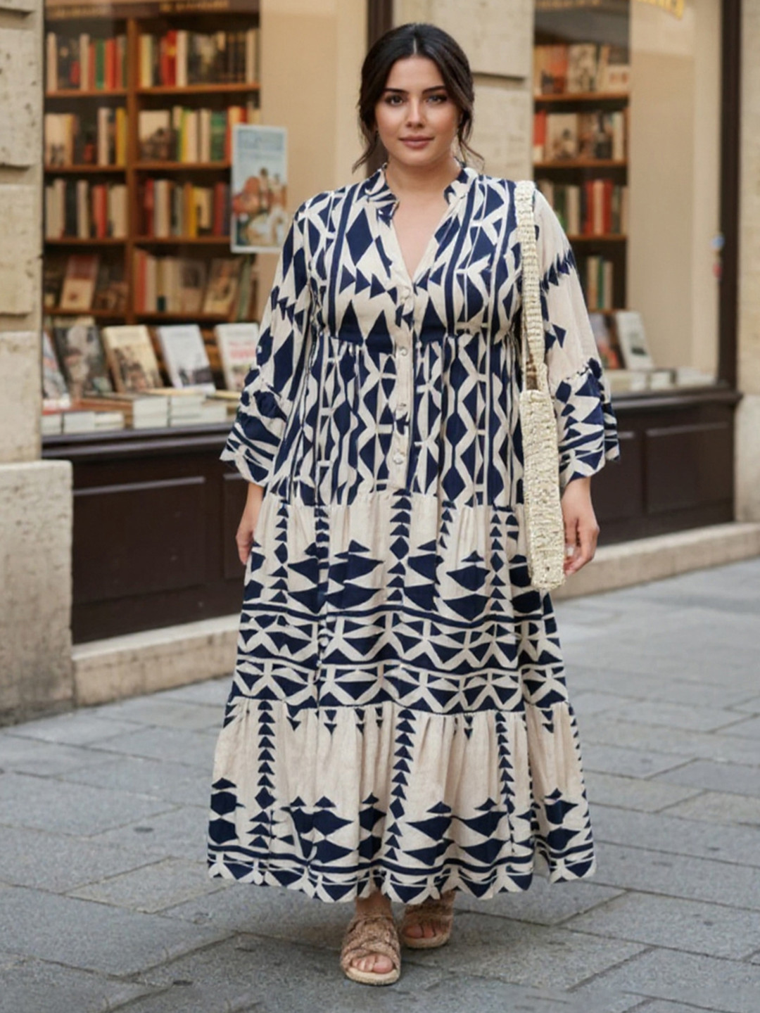 Sztori Women Printed Mandarin Collar Bohemian Maxi Dress