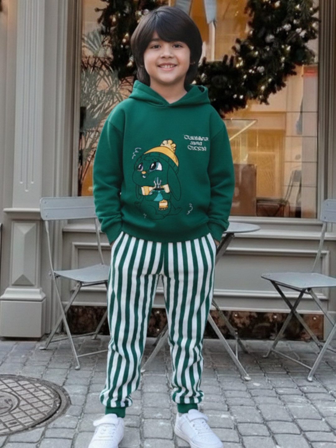 Nap Chief Kids Cuddles & Cocoa Printed Pure Cotton Hooded Sweatshirt with Striped Joggers