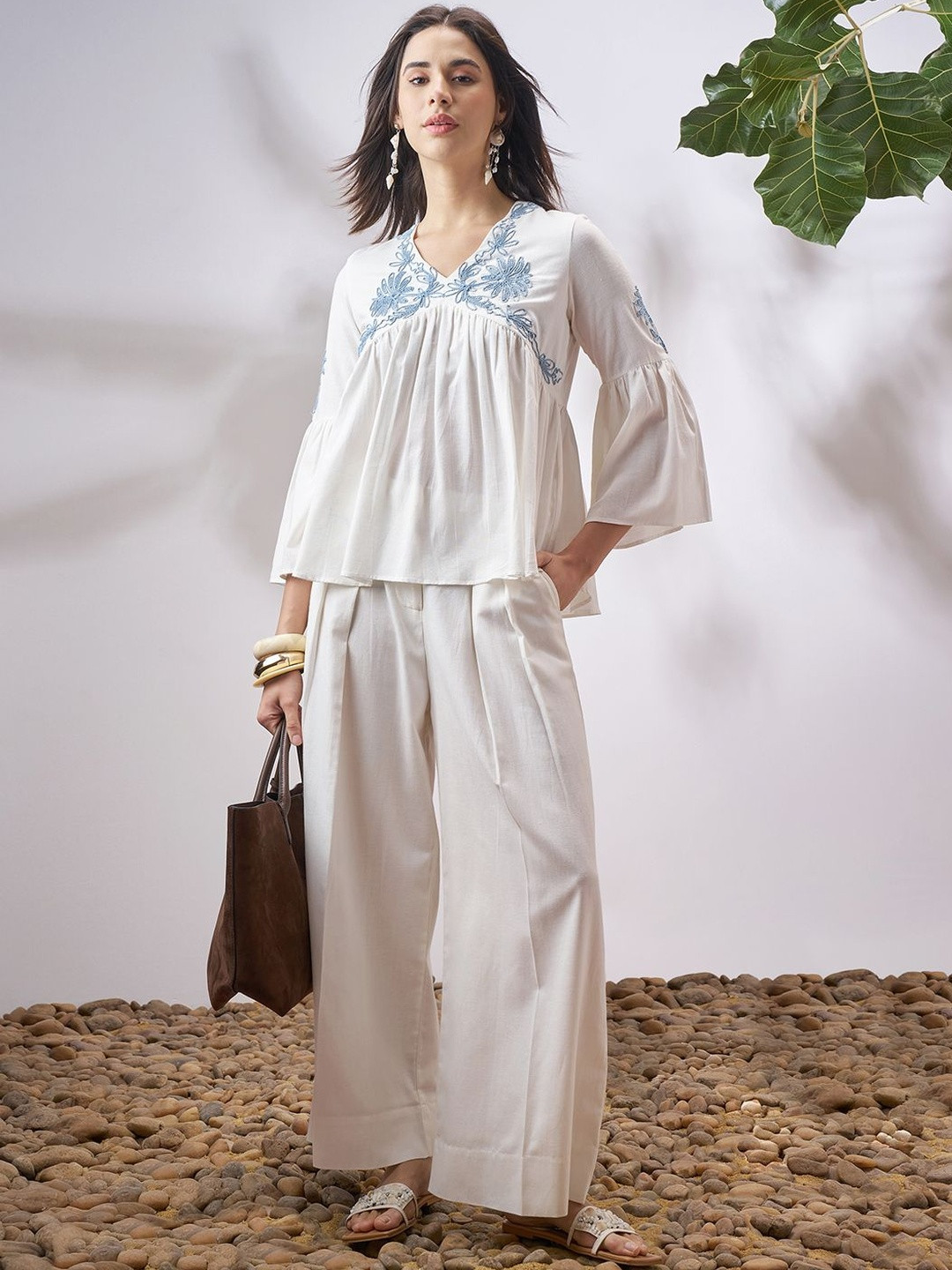 Vara By Vishudh Embroidered Bell Sleeve Bohemian Cotton Top