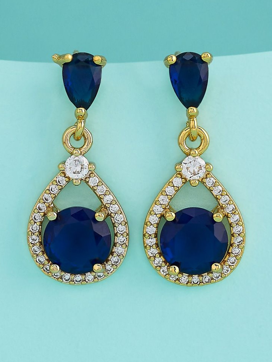 Kushal's Fashion Jewellery Sapphire Gold-Plated Party Zircon Teardrop Shaped Drop Earrings