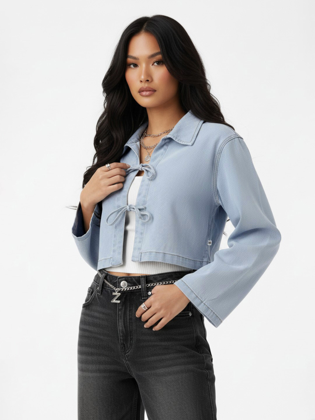 glitchez Spread Collar Crop Denim Jacket With Tie-Up Closure